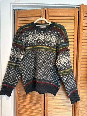 Vintage Wool Gray Fair Isle Wool Sweater colorful eclectic grandpa Cabincore